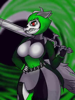 anthro big_breasts bone bone_mask breasts clothing female green_clothing green_hair hair horn mask melee_weapon red_eyes short_hair skull skull_mask solo sword tail weapon nekho_karma pandora_(nekho_karma) canid canine canis mammal wolf 3:4 hi_res