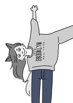 anthro clothed clothing female fur grey_body grey_fur humor simple_background smile solo sweater tail text topwear white_body white_fur byf2453 brooklyn_sweater meme_clothing canid canine canis mammal wolf 2026 hi_res meme