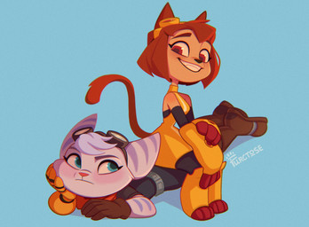 anthro blue_eyes brown_body brown_hair clothing cybernetic_arm cybernetic_limb duo eyelashes eyewear eyewear_on_head female goggles hair lying red_eyes scarf sitting smile striped_body stripes teeth furctose gameoverse glitch_productions ratchet_and_clank sony_corporation sony_interactive_entertainment kit_bodega rivet_(ratchet_and_clank) domestic_cat felid feline felis mammal crossover hi_res