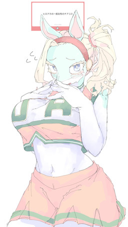 5_fingers alternate_costume alternate_hairstyle anthro arms_bent big_breasts biped blonde_eyelashes blonde_hair blue_eyes blush blush_lines bodily_fluids bottomwear breasts cheerleader_outfit clothed clothed_anthro clothed_female clothing cute_fangs emanata embarrassed eyelashes fangs female female_anthro fingers fingers_together fully_clothed fully_clothed_anthro fully_clothed_female hair looking_at_viewer midriff multicolored_body multicolored_bottomwear multicolored_clothing multicolored_skirt multicolored_topwear navel open_mouth pink_inner_ear ponytail pupils red_hairband scrunchie shirt shy simple_background skirt snout solo standing sweat_emanata tank_top teal_body teal_ears tears teeth text text_box three-quarter_view topwear two_tone_body two_tone_bottomwear two_tone_clothing two_tone_skirt white_background white_body white_pupils white_sclera wide_hips mocaht8 my_hero_academia ippan_josei mammal quirked_human_(my_hero_academia) 2025 9:16 absurd_res aliasing binary_drawing digital_drawing_(artwork) digital_media_(artwork) hi_res japanese_text portrait three-quarter_portrait translation_request