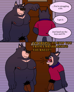 anthro assisted_exposure balls black_body black_outline bottomwear building clothing collared_shirt dialogue door exposed eyebrows facial_hair foreskin fur genitals grey_bottomwear grey_clothing grey_shorts house leaning_on_wall male muscular muscular_male mustache outline overweight pants_falling_down pantsing penis polo_shirt pubes red_clothing red_shirt red_topwear shirt shorts solo speech_bubble tail tan_body tan_fur thick_eyebrows topwear yelling eddicus edgar_(eddicus) joel_(eddicus) canid canine canis domestic_dog husky mammal nordic_sled_dog spitz absurd_res comic hi_res brother_(lore) brothers_(lore) sibling_(lore)