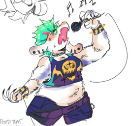anthro arm_tuft belly black_bottomwear black_clothing black_pants bottomwear bracelet choker clothing crop_top ear_piercing electronics eyes_closed flesh_fang floppy_ears fur green_hair hair horn jewelry male microphone mohawk musical_note musical_symbol necklace open_mouth pants piercing pink_horn shirt singing solo spiked_bracelet spikes symbol topwear tuft white_body white_fur radioxra deltarune undertale_(series) ralsei bovid caprine darkner goat mammal 2025 colored_sketch hi_res sketch