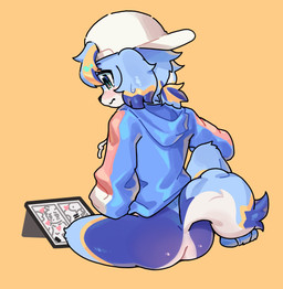 anthro backwards_baseball_cap backwards_hat baseball_cap black_nose blue_body blue_fur blush bodily_fluids bottomless bottomless_anthro bottomless_male butt candid clothed clothing floppy_ears fur hair hair_through_hat hat headgear headwear hoodie kemono male masturbation orange_background partially_clothed pornography simple_background sitting solo spread_legs spreading sweat sweatdrop tablet tail topwear white_body white_fur young young_anthro young_male xiao_langao canid canine canis domestic_dog mammal hi_res