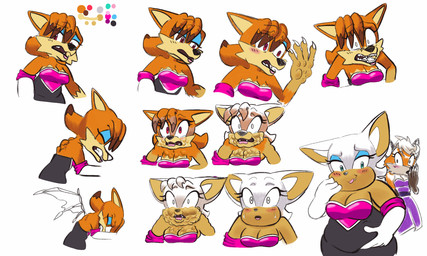 anthro blush duo embarrassed female hand_on_belly slightly_chubby species_transformation surprised transformation transformation_sequence mexelements sega sonic_the_hedgehog_(series) rouge_the_bat bat canid canine fox mammal 2026 5:3 hi_res