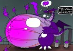 anthro back_spikes belly belly_inflation belly_markings big_belly bodily_fluids breasts claws colored_fire crying deep_navel exclamation_point fangs female fire fire_from_belly horn huge_belly huge_thighs hyper hyper_belly implied_popping inflation markings motion_lines mouth_closed navel outie_navel purple_body purple_fire purple_scales purple_tail purple_wings red_sclera scales slightly_chubby smoke smoke_from_belly smoke_from_mouth solo spikes spikes_(anatomy) sweat tail tail_markings tears teeth text thick_thighs white_claws white_eyes wide_hips wings hage mythology dragon mythological_creature mythological_scalie scalie hi_res japanese_text translation_request