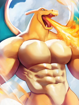 abs anthro barazoku big_muscles big_pecs blue_eyes breath_powers cloud countershading elemental_manipulation fangs featureless_crotch fire fire_breathing fire_manipulation glistening glistening_abs glistening_body huge_muscles huge_pecs male manly membrane_(anatomy) membranous_wings muscular muscular_anthro muscular_arms muscular_male open_mouth orange_body orange_skin pecs pokemorph sharp_teeth solo tan_body tan_countershading teeth thick_neck tongue wings kaysuoae nintendo pokemon charizard generation_1_pokemon pokemon_(species) scalie 3:4 hi_res