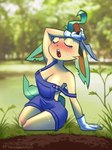 anthro anthrofied areola areola_slip big_breasts blurred_background blush bodily_fluids breasts cleavage clothed clothing day detailed_background eyes_closed female fur gardening gloves hair handwear off_shoulder open_mouth outside overalls pink_areola pokemorph sitting solo sweat teeth wiping_forehead tangeluscious nintendo pokemon eeveelution generation_4_pokemon leafeon pokemon_(species) 3:4 absurd_res digital_media_(artwork) hi_res