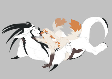 anthro claws duo eyes_closed french_kissing fur hand_on_leg hand_on_thigh horn kissing lying male male/male motion_blur nude on_back simple_background size_difference tail tail_motion tailwag tongue sickfreak mythology canid canine dragon fennec_fox fox mammal mythological_creature mythological_scalie scalie true_fox absurd_res hi_res