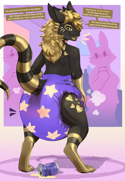 after_transformation ambiguous_gender anthro beverage beverage_can black_body black_ears black_fur black_inner_ear black_sclera black_tail blonde_hair blue_diaper blush blush_lines bottle claws clean_diaper clothed clothing color_coded_text container detailed_background dialogue diaper diaper_only diaper_puff digitigrade dipstick_tail fangs fur gloves_(marking) group hair hand_on_diaper heart_(marking) holding_beverage holding_object inside leg_markings linked_speech_bubble long_hair looking_back markings multicolored_body multicolored_fur narrowed_eyes open_mouth open_smile permanent_transformation ring_(marking) ringed_tail sharp_teeth smile socks_(marking) speech_bubble spilled_drink standing striped_markings striped_tail stripes tail tail_markings teeth text tilde_after_text toe_claws tongue topless touching_diaper two_tone_body two_tone_fur two_tone_tail wearing_diaper window yellow_body yellow_claws yellow_fur yellow_tail yellow_tail_tip yellow_teeth yellow_toe_claws yellow_tongue bunnykisses mythology anonymous_character background_character impliqued_(character) animate_inanimate diaper_creature dragon furred_dragon furred_scalie mythological_creature mythological_scalie scalie english_text hi_res