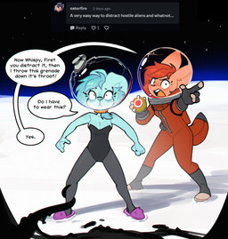 4_fingers action_pose anthro black_clothing blue_body blue_fur blue_hair breasts bunny_costume cartoon_physics cleavage clothed clothing corset costume detailed_background dialogue duo eyewear female female_anthro fingers footwear fur glasses hair large_glasses lingerie orange_clothing orange_hair outside pose shoes slippers space spacesuit speech_bubble tentacles text topwear weapon rexyseven rusty_gears whispy_slippers canid canine fox lagomorph leporid mammal rabbit 2025 digital_media_(artwork) english_text hi_res