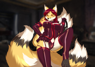 3_tails anthro armwear blurred_background bow_tie brown_body brown_fur clothing collar corset corset_dress digitigrade dipstick_ears dipstick_tail dominant dominant_female ear_markings elbow_gloves facial_markings female fur gloves hair hand_on_hip handwear head_markings holding_leash holding_object leash lingerie looking_at_viewer low-angle_view markings multi_tail multicolored_ears raised_leg red_hair smile solo tail tail_markings topwear white_body white_fur yellow_body yellow_fur zipper_panties lanhai vulpes_foxnik canid canine ezo_red_fox fox mammal red_fox true_fox 2022 absurd_res hi_res