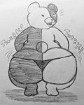 big_butt black_nose blush butt clothing huge_butt looking_at_viewer looking_back male plushie round_ears sharp_teeth smile solo sound_effects split_color teeth text thong twerking underwear fauxtellno1 danganronpa spike_chunsoft monokuma animate_inanimate bear living_plushie mammal ursine english_text monochrome traditional_media_(artwork)