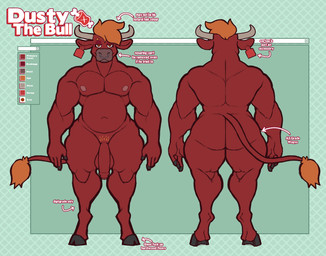 anthro balls big_butt bovid_horn bovine_horn bull_horn butt digitigrade directional_arrow ear_piercing ear_tag eyelashes facial_piercing fingers foreskin genitals hair hooved_fingers hooves horn humanoid_genitalia humanoid_penis male muscular muscular_male nipples nose_piercing nose_ring nude orange_hair penis piercing pubic_stubble red_body ring_piercing smug_expression solo tail tail_tuft text thick_thighs tuft wide_hips dusty-pixels dusty_the_bull_(dusty-pixels) absurd_res hi_res model_sheet