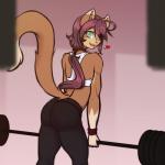 anthro bottomwear butt butt_pose clothing exercise female green_eyes gym hair heart_symbol looking_at_viewer looking_back pants ponytail pose solo weights workout yoga_pants scorpdk carry_(scorpdk) domestic_cat felid feline felis mammal 1:1 2015