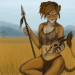 5_fingers anthro areola bone bottomwear breasts brown_hair claws clothed clothed_anthro clothed_female clothing female female_anthro fingers hair loincloth melee_weapon navel nipples polearm skimpy skull solo spear tail tail_tuft tuft weapon magpie_(artist) felid lion mammal pantherine 1:1