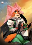 anthro armor bomb cloak clothing explosives female fight fluffy fluffy_tail fur green_clothing green_eyes orange_body orange_fur simple_background smile solo tail white_armor liloli_(artist) disney helldivers robin_hood_(disney) maid_marian canid canine fox mammal red_fox true_fox