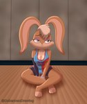 anthro basketball_uniform big_breasts blonde_hair breasts clothing female hair redesign sitting sitting_on_ground smug_face solo sportswear thick_thighs tune_squad_outfit tune_squad_outfit_(2021) uniform doberdraw looney_tunes space_jam space_jam:_a_new_legacy tunesquad warner_brothers lola_bunny hare lagomorph leporid mammal rabbit