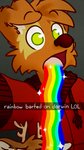 anthro antlers brown_body brown_clothing brown_fur brown_jacket brown_topwear clothing duo fur green_eyes grey_background horn jacket male open_mouth rainbow simple_background tan_body tan_fur technicolor_yawn tongue_showing topwear vomiting tinydeerguy darwin_(tinydeerguy) matt_riskely canid canine canis deer domestic_dog mammal 9:16 digital_media_(artwork) hi_res