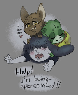 ambiguous_gender anthro black_body black_clothing black_fur black_hair black_shirt black_topwear blush brown_body brown_fur calling_for_help claws clothing eyes_closed finger_claws floppy_ears fur green_body green_fur grey_background group hair hair_over_eyes hand_in_hair hand_on_shoulder heart_after_text heart_symbol humor i_love_you looking_down looking_down_at_another narrowed_eyes open_mouth open_smile sharp_teeth shirt simple_background smile talking_to_another teeth text topwear touching_hair trio white_body white_fur yelling yellow_clothing yellow_eyes yellow_topwear mvsnake kihl_(mvsnake) domestic_cat felid feline felis lagomorph leporid mammal rabbit english_text