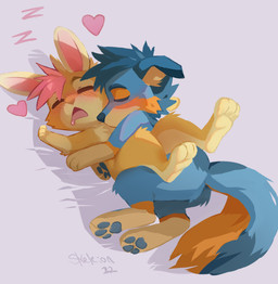 ambiguous/ambiguous ambiguous_gender anthro blue_body blue_fur blue_nose blue_pawpads blush chibi cuddling duo eyes_closed fur grey_background hair heart_symbol nude open_mouth orange_body orange_fur pawpads paws pink_hair pink_inner_ear red_blush short_hair simple_background sleeping snout sound_effects tail tan_body tan_fur vowelless vowelless_sound_effect zzz skeleion ash_bunny_(skeleion) toby_wolfkat canid canine canis domestic_dog husky lagomorph leporid mammal nordic_sled_dog rabbit spitz 2022 absurd_res digital_media_(artwork) digital_painting_(artwork) hi_res painting_(artwork) shaded
