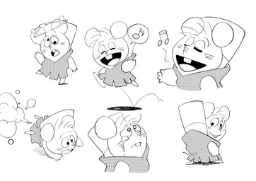 anthro biped bodily_fluids chibi clothed clothing crying eyes_closed multiple_poses musical_note musical_symbol pose solo symbol tears hikari_gamba gamba_no_bouken gamba_no_bouken_(series) chuuta mammal mouse murid murine rodent 2023 absurd_res hi_res monochrome