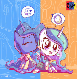 blue_body blue_feathers bodily_fluids clothing dress duo exclamation_point eyes_closed feathered_wings feathers female feral fur hair heart_symbol horn licking long_hair moon multicolored_hair open_mouth purple_eyes ribbons smile sun sweat tongue tongue_out white_body white_feathers wings jowybean friendship_is_magic hasbro my_little_pony mythology princess_celestia_(mlp) princess_luna_(mlp) equid equine mammal mythological_creature mythological_equine winged_unicorn 2014 hi_res