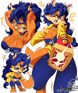 anthro armpit_fetish belt big_breasts blue_eyes blue_hair blush boots bottomwear breasts brown_eyes chibi cleavage clothed clothing collar dipstick_ears ear_markings ear_piercing ear_ring emanata eyebrows female footwear fur gloves gun hair handgun hands_behind_head hands_on_hips handwear jacket midriff multicolored_ears open_mouth orange_body orange_fur pants piercing pistol question_mark ranged_weapon ring_piercing shoes solo tan_body tan_fur text topwear weapon stoompystoompz sly_cooper_(series) sony_corporation sony_interactive_entertainment sucker_punch_productions carmelita_fox canid canine fox mammal 2025 artist_name digital_drawing_(artwork) digital_media_(artwork) hi_res signature