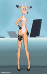 anthro clothing computer desk electronics female footwear furniture gun handgun high_heels holster holstered_pistol hooves horn laptop nude pistol ranged_weapon receptionist shoes solo table weapon misterfyrryman illumination_entertainment sing_(movie) karen_(sing) antelope bovid mammal absurd_res hi_res