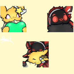 ambiguous_gender anthro black_body black_fur bodily_fluids crying eyes_closed fluffy fur fur_markings group machine markings red_body red_eyes red_fur red_sclera screen screen_face simple_background smile tears tuft yellow_body yellow_fur snoiifoxxo nintendo pokemon fan_character eeveelution generation_1_pokemon jolteon mammal pokemon_(species) protogen robot 1:1 hi_res