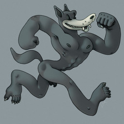 abs anthro arrogant athlete athletic claws dark_nipples facial_markings fangs feet foreskin genitals grey_body grey_skin head_markings humanoid_feet long_feet male markings muscular muscular_male muzzle_(marking) pecs penis plantigrade running selfish simple_background small_penis small_waist smile solo teeth ravuer champion_(1948) soyuzmultfilm volk_(champion_1948) canid canine canis mammal wolf 1:1 hi_res