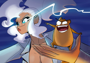 ambiguous_gender black_eyes blue_eyes breasts brown_body brown_fur cleavage clothed clothing duo eyewear female feral fur gesture glasses hair hand_gesture open_mouth pointing tan_body tan_fur teeth white_hair conditional_dnp jollyjack helga_(jollyjack) jolly_jack_(character) cricetid hamster human mammal rodent 2023 male_(lore)