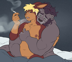 anthro anthro_on_anthro bedding biceps bite cigarette duo ear_piercing male male/male muscular muscular_male navel neck_bite nipples piercing smile smoke smoking conditional_dnp erobos felid feline lagomorph leporid lion mammal pantherine rabbit 2021 hi_res