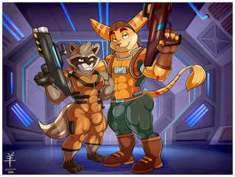 anthro bedroom_eyes big_bulge big_muscles boots border bottomwear brown_body brown_fur bulge clothing duo fingerless_gloves footwear fur gloves green_eyes grin grinning_at_viewer gun hand_on_shoulder handwear jumpsuit male male/male manly muscular muscular_anthro muscular_male narrowed_eyes nipple_outline orange_body orange_fur orange_jumpsuit pants ranged_weapon red_eyes science_fiction seductive shirt shoes size_difference small_but_hung smile smiling_at_viewer space striped_body striped_fur stripes tan_body tan_fur tight_bottomwear tight_clothing tight_jumpsuit tight_pants tight_shirt tight_topwear topwear weapon white_border yellow_body yellow_fur aaron_(artist) guardians_of_the_galaxy marvel ratchet_and_clank sony_corporation sony_interactive_entertainment ratchet_(ratchet_and_clank) rocket_raccoon lombax mammal procyonid raccoon 2026 crossover digital_media_(artwork) hi_res watermark