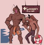 4_fingers anthro balls_outline biped black_bottomwear black_clothing black_pants bottomwear brown_body brown_nipples brown_skin bulge clothed clothing detailed_bulge down_the_leg_bulge duo erection eyes_closed fin fingers floating_eyebrows front_view genital_outline genitals grin hand_on_hip hand_on_shoulder holding_object humanoid_genitalia humanoid_penis illicium legcuffs life_preserver lifeguard lifeguard_swimsuit long_penis male male/male muscular muscular_anthro muscular_male navel nipples pants pants_only penis penis_outline pink_background sharp_teeth sign simple_background smile standing teeth text thin_penis thong thong_only tongue tongue_out topless underwear underwear_only dracks lexie_(dracks) razor_(dracks) eel fish marine 2025 absurd_res digital_media_(artwork) digital_painting_(artwork) english_text hi_res painting_(artwork) brother_(lore) brothers_(lore) sibling_(lore)