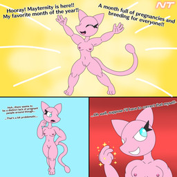 anthro blue_eyes breasts comic_panel dialogue eyelashes female floating genitals magic magic_user nude nude_anthro nude_female pink_body pokemorph small_breasts solo tail text vulva ninjatreecko mayternity mayternity_2025 nintendo pokemon fan_character generation_1_pokemon legendary_pokemon mew_(pokemon) pokemon_(species) 1:1 comic english_text hi_res