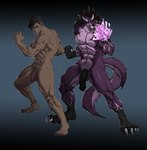 abs anthro barefoot cambion canid canid_demon canine canis clawed_fingers claws dark_body dark_skin demon duo elemental_manipulation fangs feet fire fire_manipulation genitals hellhound helluva_boss hi_res human hybrid male male/male mammal muscular muscular_male mythological_canine mythological_creature mythology nude penis potemkinbuster quest_(zylo24) red_eyes tail tail_tuft teeth toe_claws transformation tuft wolf wolf_tail