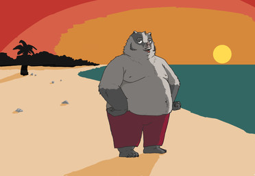 anthro beach belly big_belly bottomwear clothing detailed_background male moobs nipples outside overweight overweight_male palm_tree pants plant solo standing sun tree taxonite badger hog_badger mammal mustelid musteline 2026 hi_res