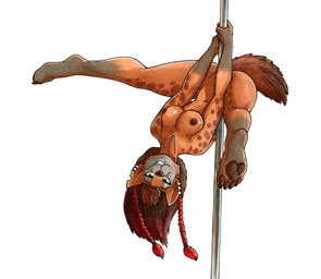 4_toes anthro bedroom_eyes braided_hair breasts brown_eyes brown_hair brown_pawpads claws convenient_censorship dancing ear_piercing feet female fur gloves_(marking) hair leg_markings long_hair looking_at_viewer markings medium_breasts narrowed_eyes nipples nude pawpads piercing pigtails pole pole_dancing ring_piercing seductive simple_background slim smile socks_(marking) soles solo spots spotted_body spotted_fur spread_legs spreading toe_claws toes twin_braids upside_down ewgengster freya_(rex5611) hyena mammal spotted_hyena hi_res traditional_media_(artwork)