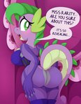 absurd_res anthro big_breasts big_butt blush breasts butt crossgender dialogue dragon english_text female friendship_is_magic hasbro hi_res looking_back my_little_pony mythological_creature mythological_scalie mythology pearlyiridescence rear_view scalie solo spike_(mlp) tail text