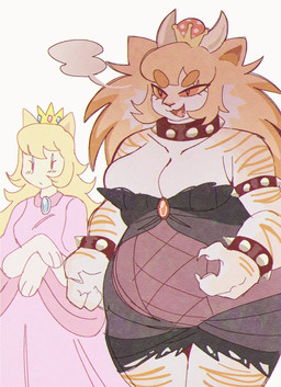 2_horns alternate_form anthro armband bangs bare_shoulders big_breasts big_hands black_bra black_clothing black_dress black_underwear blonde_hair blush blush_lines bra bracelet breast_size_difference breast_squish breasts broad_shoulders cat_smile circle_eyebrows claws clothing collar collarbone countershade_breasts countershade_face countershade_torso countershading crossgender crown curled_fingers dot_eyes dress duo eyebrows eyelashes eyeliner female finger_claws fur gem hair headgear horn jewelry long_hair looking_at_breasts makeup mane mane_hair medium_breasts meowsette musclegut muscular muscular_female narrowed_eyes noseless one_fang open_mouth open_smile orange_body orange_fur orange_hair orange_stripes overweight overweight_anthro overweight_female paws pink_clothing pink_dress pointy_ears pupils red_clothing red_dress red_eyes royalty simple_background simple_eyes size_difference sleeveless_dress slit_pupils smile smirk snaggle_tooth speech_bubble spiked_armband spiked_bracelet spiked_collar spikes squish stripes super_crown tan_body tan_fur three-quarter_view torn_clothing torn_dress underwear white_background white_body white_fur wide_hips y_nose yellow_sclera wolfertinger bowsette_meme mario_bros nintendo bowser meowser princess_peach domestic_cat felid feline felis mammal tabby_cat 2024 chromatic_aberration hi_res meme portrait redraw three-quarter_portrait