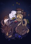 anthro barefoot big_breasts breasts duo eyes_closed feet female log male navel open_mouth open_smile sitting smile thick_thighs toes wide_hips wood zummeng miralle tristan_(zummeng) domestic_cat felid feline felis haplorhine hybrid mammal monkey primate 2023 hi_res