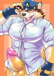 anthro balls big_balls big_penis blush bottomless clothed clothing countershading erection genitals gesture male penis police police_hat salute solo thick_penis kemonokoko lifewonders live_a_hero barrel_(live_a_hero) canid canine canis mammal wolf absurd_res hi_res