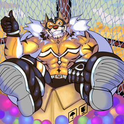 abs anthro ball belt bottomwear box cage clothed clothing container footwear fur gesture globe hair hand_gesture horn humanoid_hands looking_at_viewer male mask muscular muscular_male one_eye_closed pants pecs red_eyes shoes sitting smile solo stripes superhero thumbs_up wink nukuku lifewonders live_a_hero ryekie_(live_a_hero) felid feline mammal pantherine tiger 1:1 colored hi_res