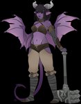 black_hair black_sclera bottomwear clothing female hair hammer hand_on_hip holding_hammer holding_object holding_tool horn humanoid_pointy_ears looking_aside membrane_(anatomy) membranous_wings navel not_furry pointy_ears purple_body shorts simple_background solo spade_tail standing tail tools transparent_background wings feardakez demon demon_humanoid humanoid 2019 absurd_res alpha_channel hi_res