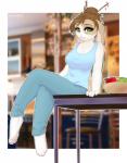 4_toes 5_fingers anthro barefoot biped blurred_background breasts brown_hair clothed clothing detailed_background eyelashes feet female fingers green_eyes hair sitting smile solo toes savemekitty lagomorph leporid mammal rabbit 2019 digital_media_(artwork) hi_res shaded