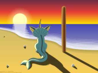 ambiguous_gender beach blue_body faceless_ambiguous faceless_character feral nude outside rear_view rock sand seaside sitting solo sun sunset tail text water geminisaint nintendo pokemon eeveelution generation_1_pokemon pokemon_(species) vaporeon 2015 url
