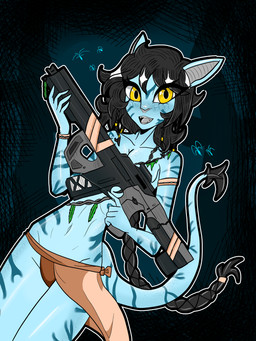 abstract_background anthro armband black_hair blue_body blush bottomwear braided_hair breasts brown_bottomwear brown_clothing brown_loincloth clothed clothing female fingers freckled_arms freckled_face freckled_legs freckled_tail freckles front_view gun hair holding_gun holding_object holding_ranged_weapon holding_weapon humanoid_hands loincloth long_hair looking_at_viewer markings navel open_mouth open_smile ranged_weapon sharp_teeth small_breasts smile solo striped_markings stripes tail teeth topless topless_anthro topless_female tribal tribal_clothing weapon wristband yellow_eyes gothgator0 james_cameron's_avatar kiri_(james_cameron's_avatar) alien alien_humanoid humanoid na'vi 3:4 absurd_res colored hi_res portrait shaded three-quarter_portrait