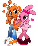 alternate_costume antennae_(anatomy) blue_bottomwear blue_clothing blue_pants boots bottomwear bow_accessory brown_boots brown_clothing brown_eyeshadow brown_footwear clothing duo electronics eyeshadow female footwear hair headphones jacket looking_at_another makeup male male/female one_eye_closed orange_body orange_clothing orange_footwear orange_hair orange_shoes orange_skin pants pink_body pink_bow pink_clothing pink_eyeshadow pink_skin pink_sweater pink_topwear red_clothing red_jacket red_topwear shirt shoes short_sleeves sleeveless_jacket smile smiling_at_another sweater text topwear twitter_handle white_clothing white_shirt white_topwear cand234 incredibox sprunki oren_(sprunki) pinki_(sprunki) alien lagomorph leporid mammal rabbit artist_name hi_res