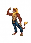 abs anthro blonde_hair bottomwear clothed clothing flexing hair male muscular muscular_anthro muscular_male pants pose simple_background solo tail tail_tail topless white_background tokalub felid lion mammal pantherine