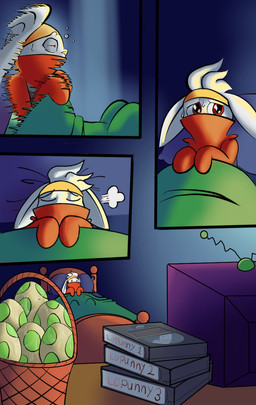 anthro bodily_fluids cassette_tape egg electronics male sleeping solo sweat television video_cassette waking_up pantyking nintendo pokemon generation_8_pokemon pokemon_(species) raboot comic